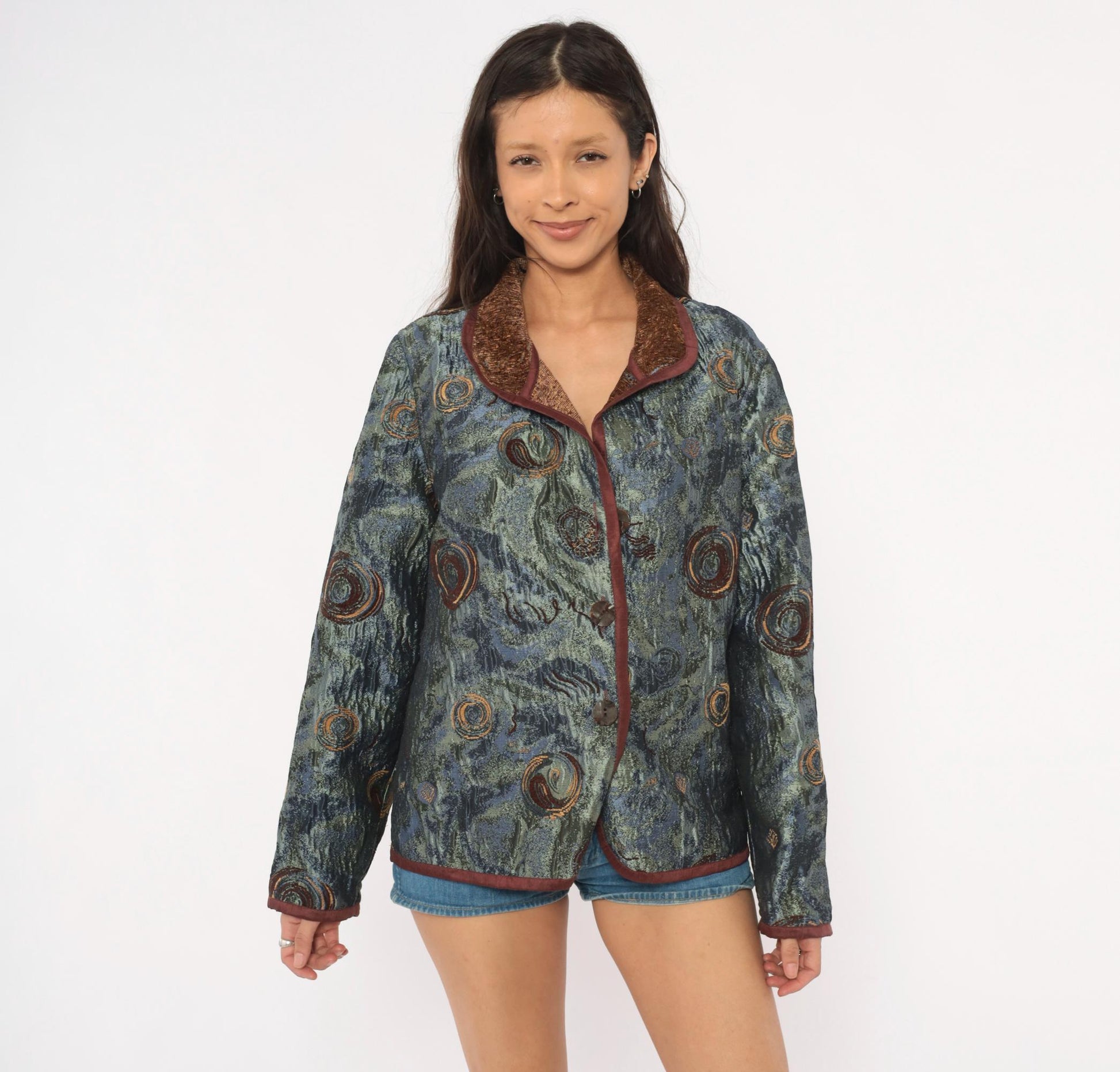 2000s Yak Magik Tapestry Blazer Woven Spiral Jacquard Blue Green Brown Extra Large XXL