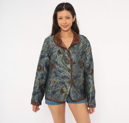 2000s Yak Magik Tapestry Blazer Woven Spiral Jacquard Blue Green Brown Extra Large XXL