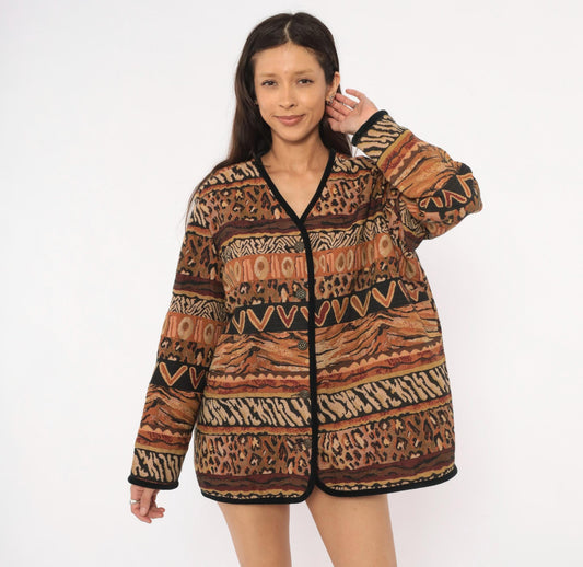 Y2K Stonebridge Tapestry Jacket Animal Print Woven Cotton Tan Brown Extra Large