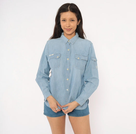 90s Ralph Lauren Jeans Co Chambray Button-Up Shirt Light Blue Cotton Long Sleeve Large L
