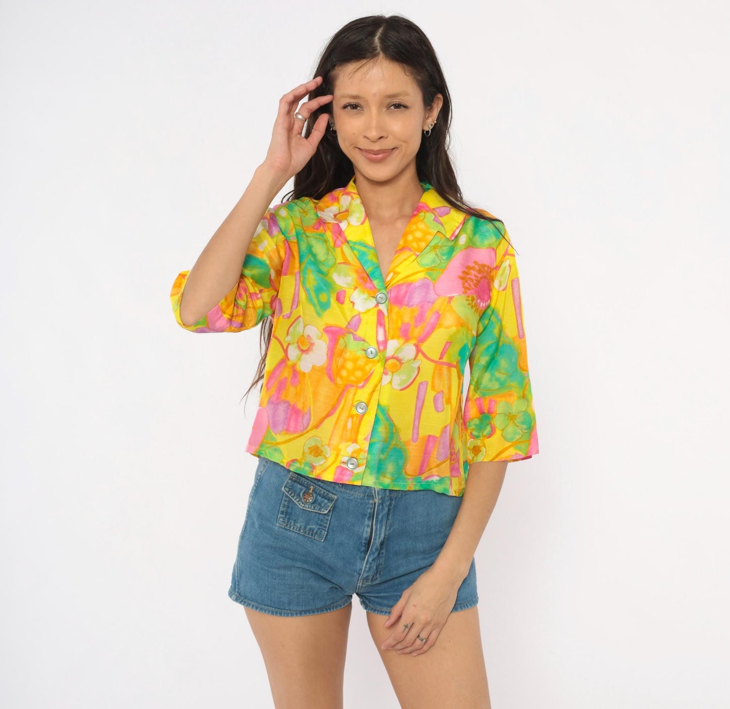 70s Alice Watercolor Floral Button Blouse Yellow Pink Green Small Medium