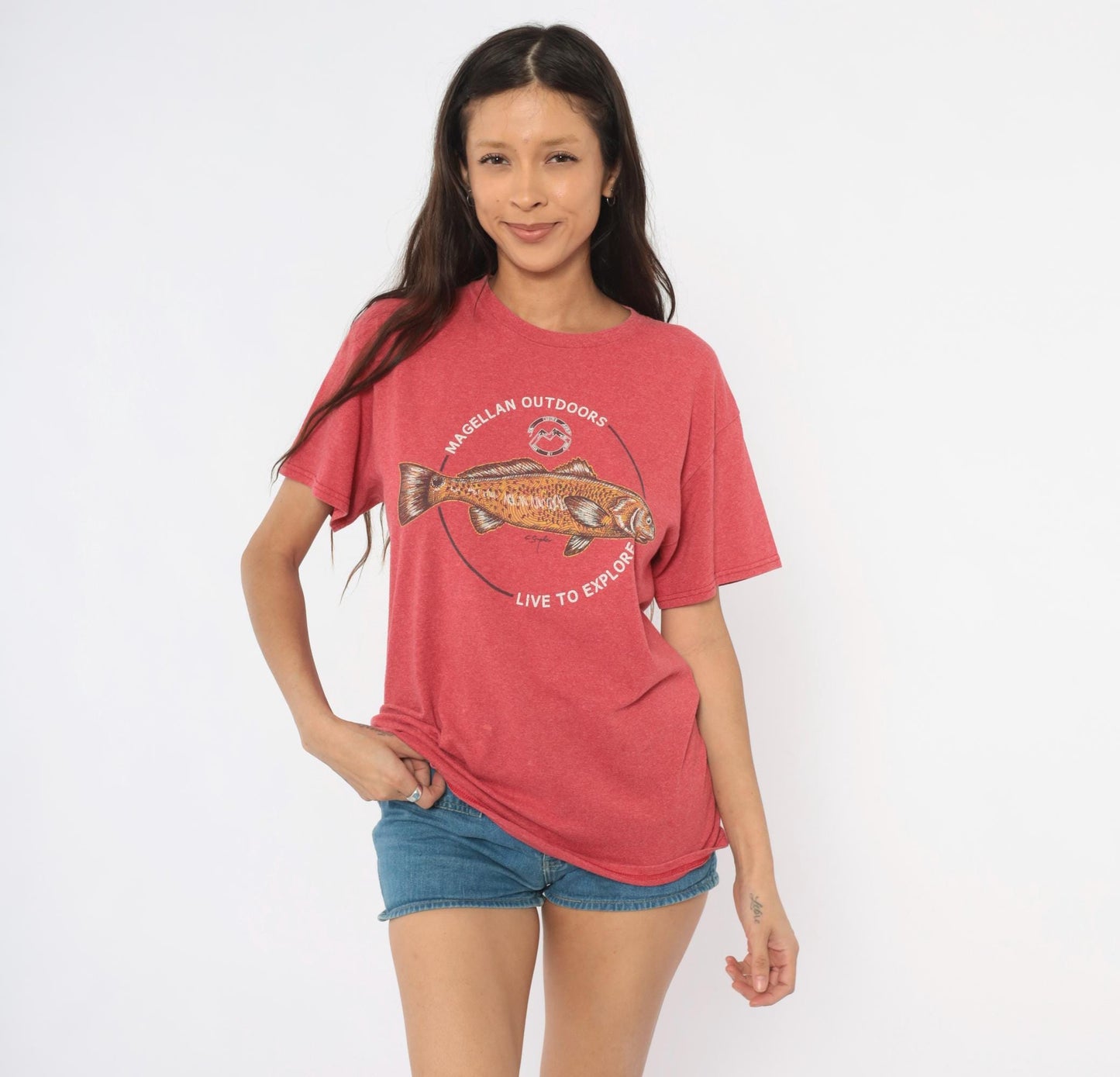 Y2K Magellan Outdoors Fish Graphic Tee Coral Cotton Crew Neck Medium