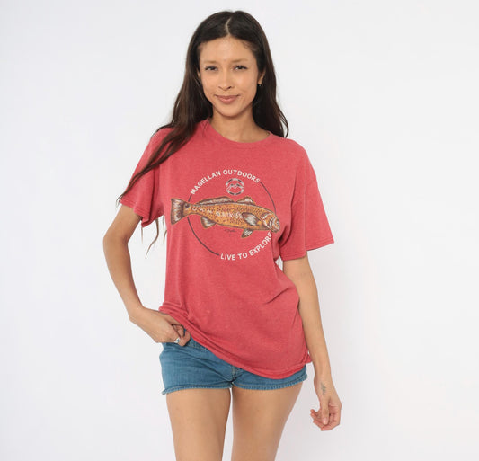 Y2K Magellan Outdoors Fish Graphic Tee Coral Cotton Crew Neck Medium