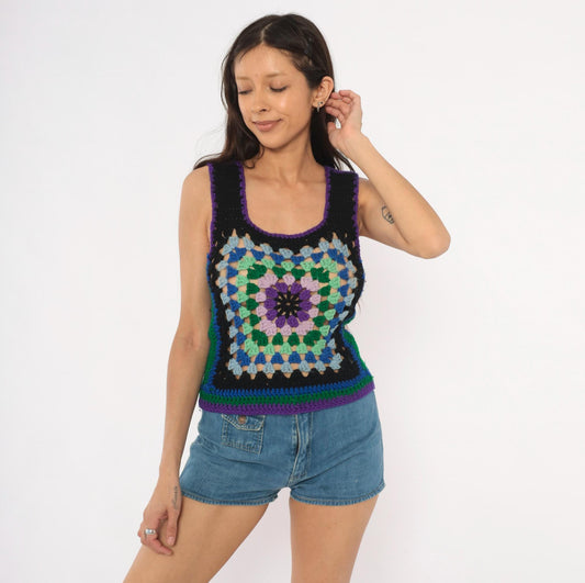 70s Handmade Crochet Granny Square Tank Purple Green Blue Scoop Neck Extra Small