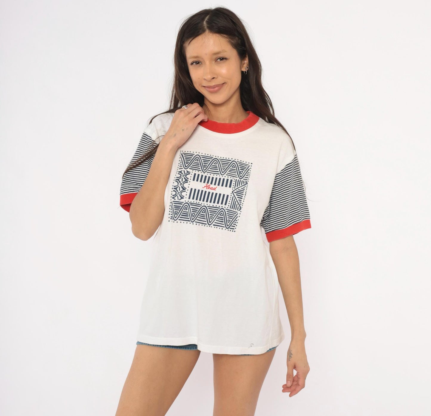 90s Head Sportswear Ringer Tee Geometric Print White Navy Red Striped Large L