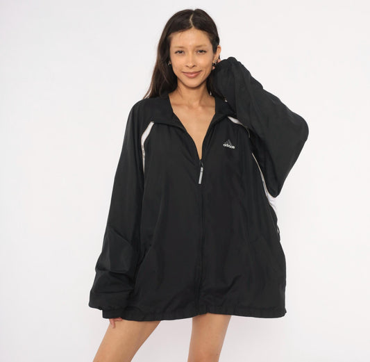2000s Adidas Black Windbreaker White Stripe Raglan Jacket Plus Size XXL
