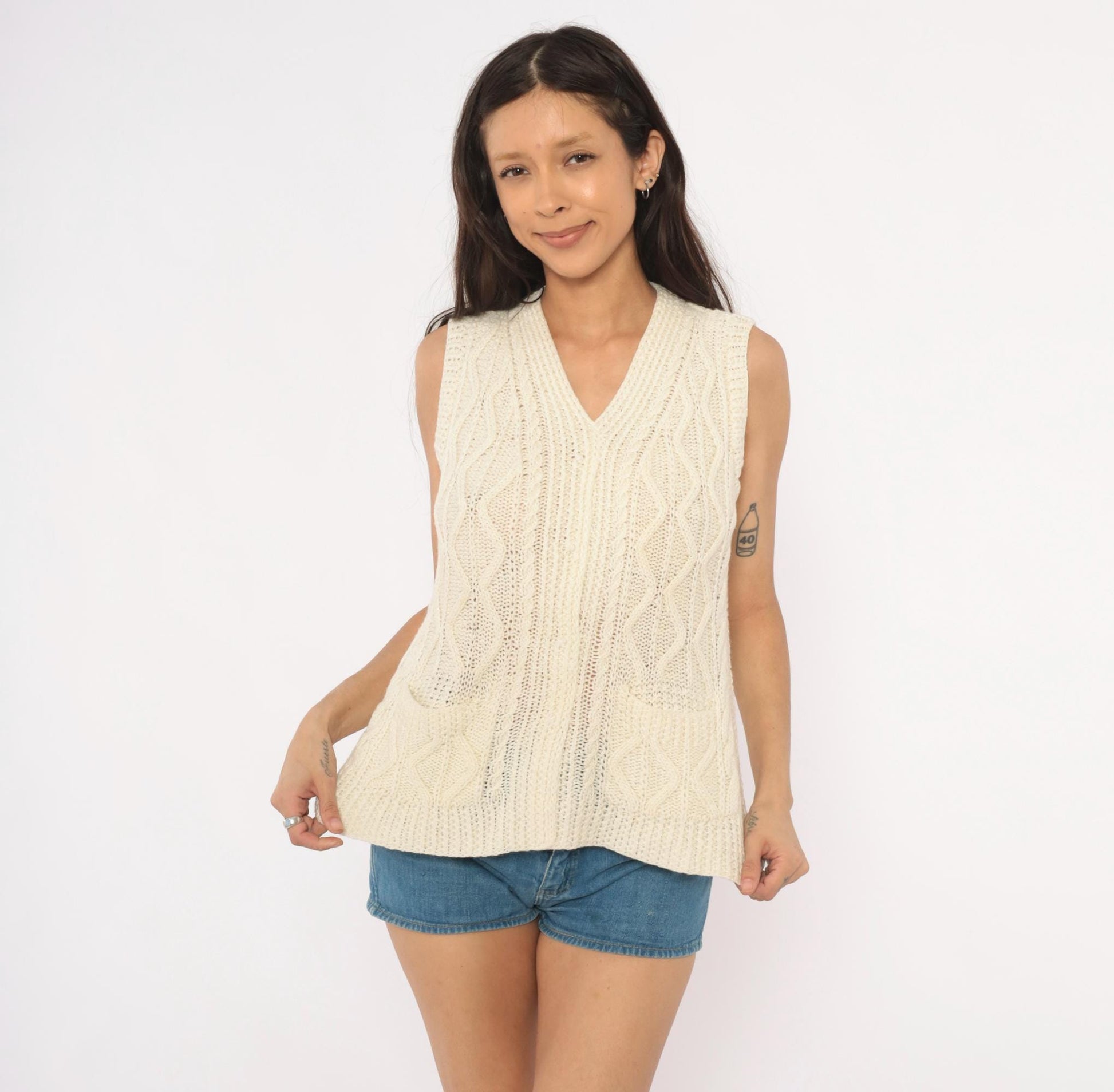 70s Cream Cable Knit Sweater Vest V Neck Pullover Preppy Small