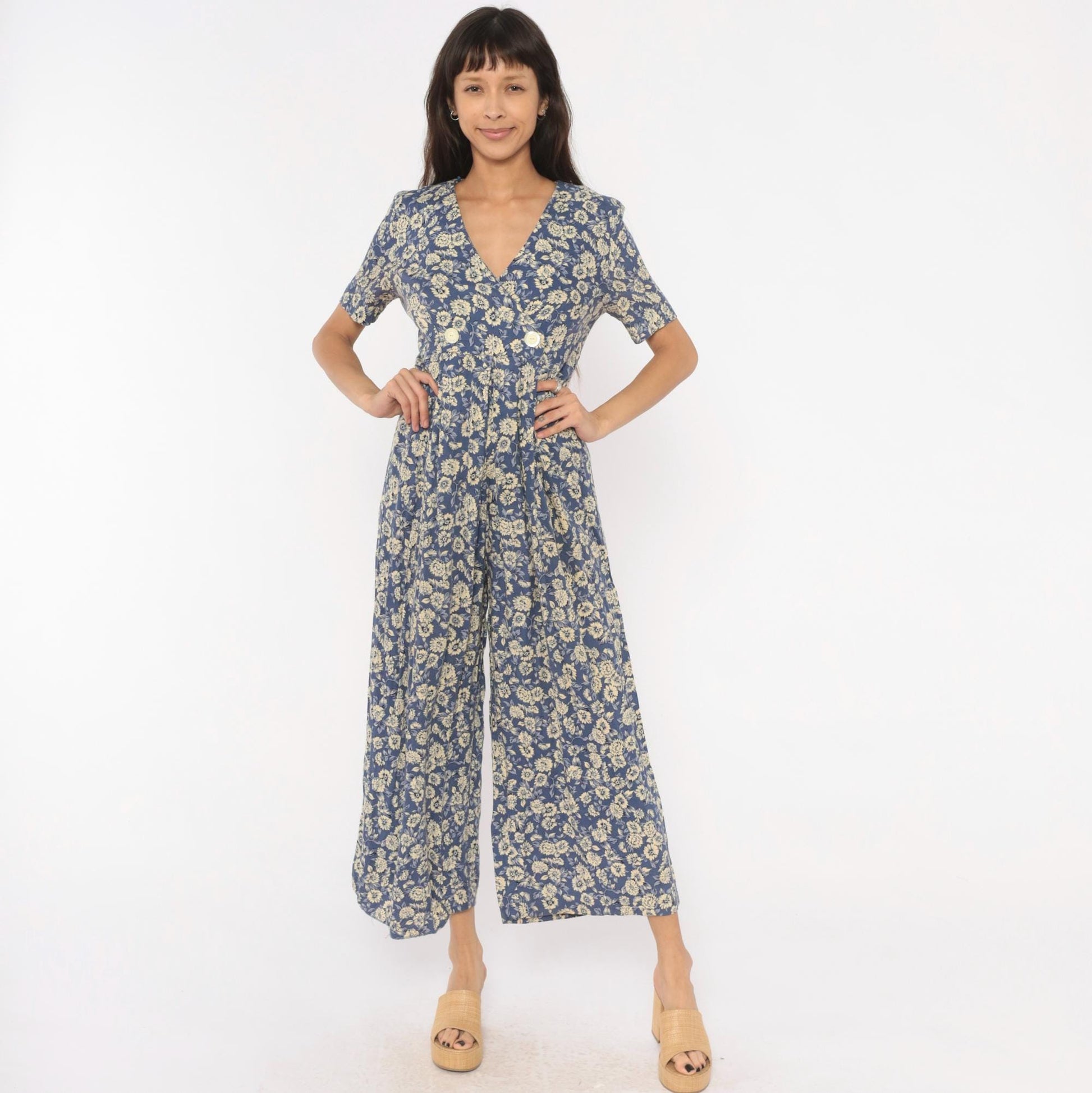 90s Jeffrey & Dara Floral Jumpsuit Cobalt Blue Wide Leg Wrap V Neck Medium M