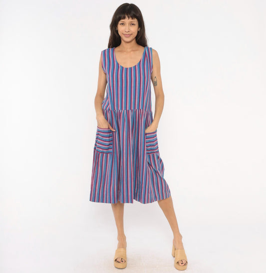 90s Quetzal Striped Cotton Midi Sundress Purple Cobalt Scoop Neck Small