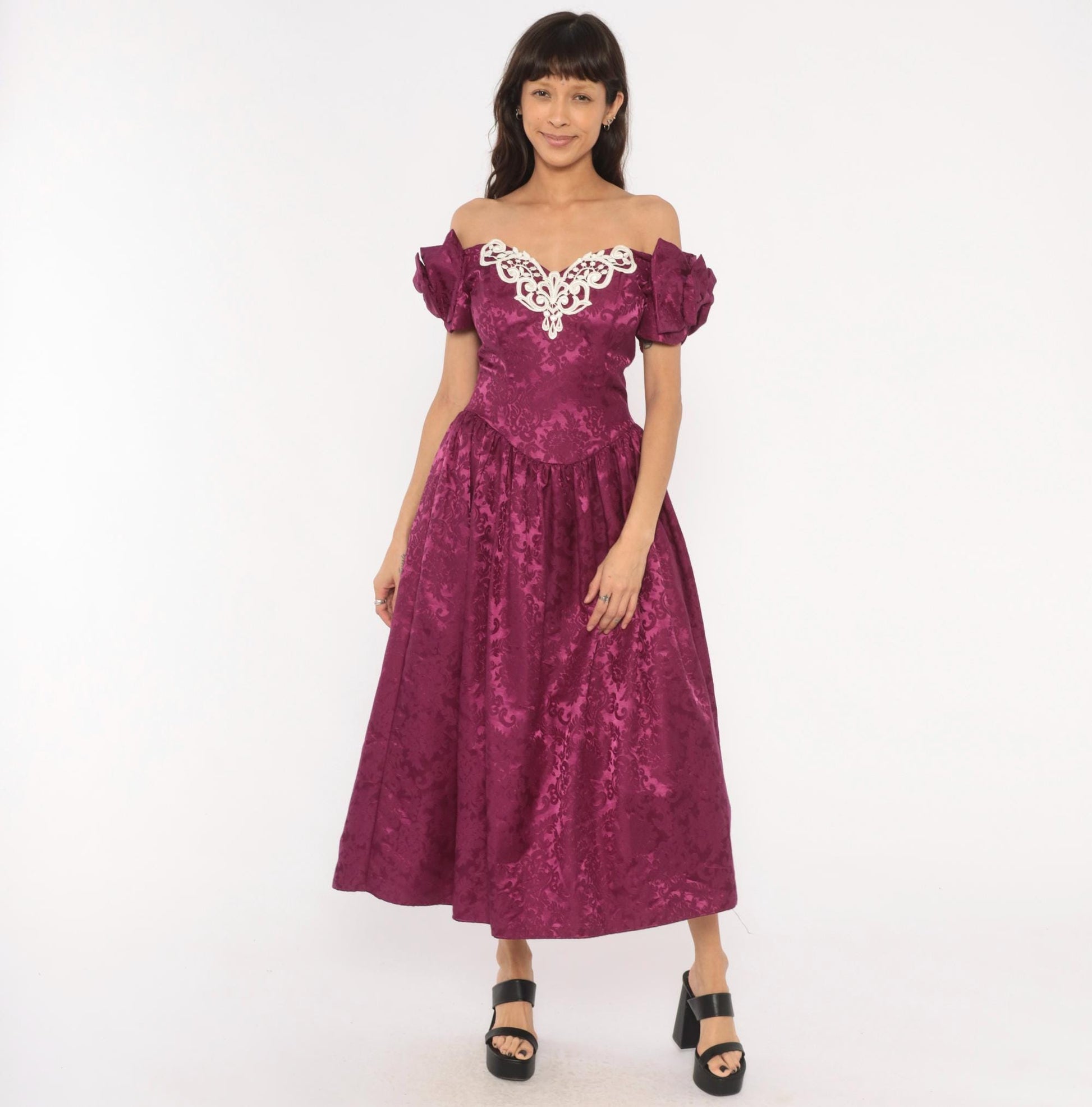 Jessica McClintock 80s Plum Brocade Puff Sleeve Gown Small
