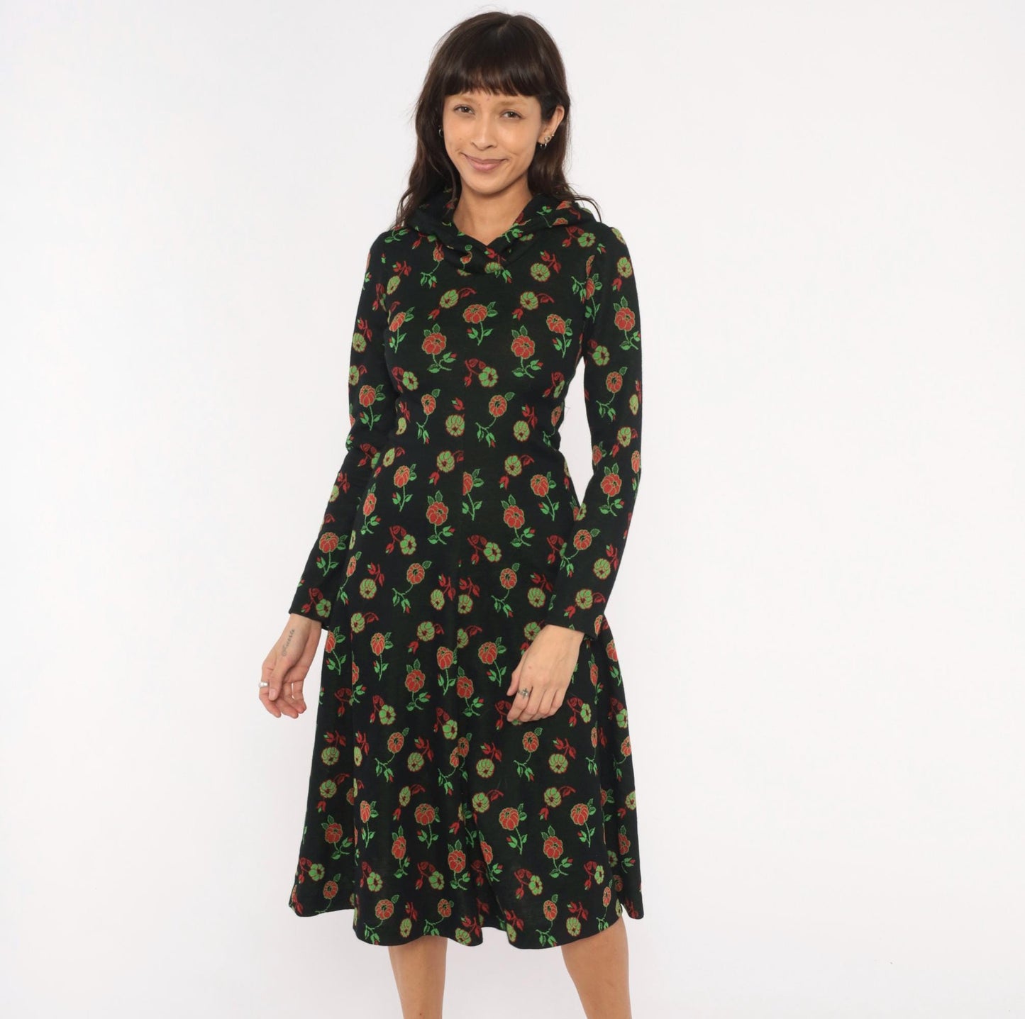 70s Black Hooded Midi Dress Red Rose Floral Print Long Sleeve Extra Small