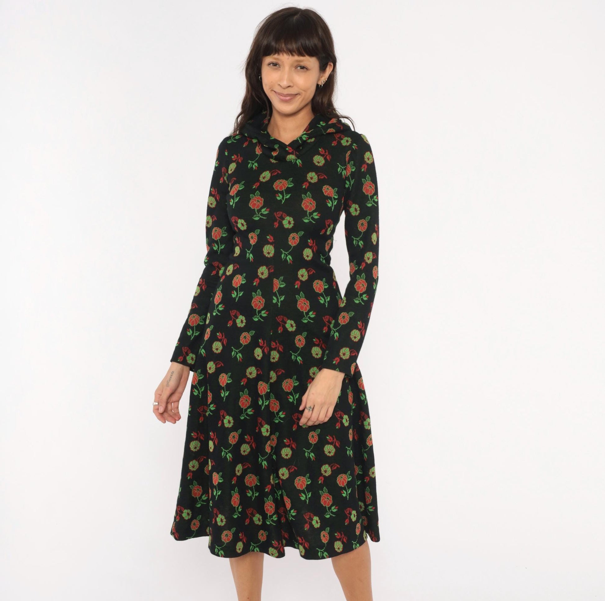 70s Black Hooded Midi Dress Red Rose Floral Print Long Sleeve Extra Small