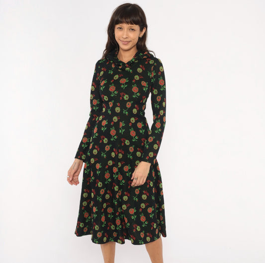 70s Black Hooded Midi Dress Red Rose Floral Print Long Sleeve Extra Small