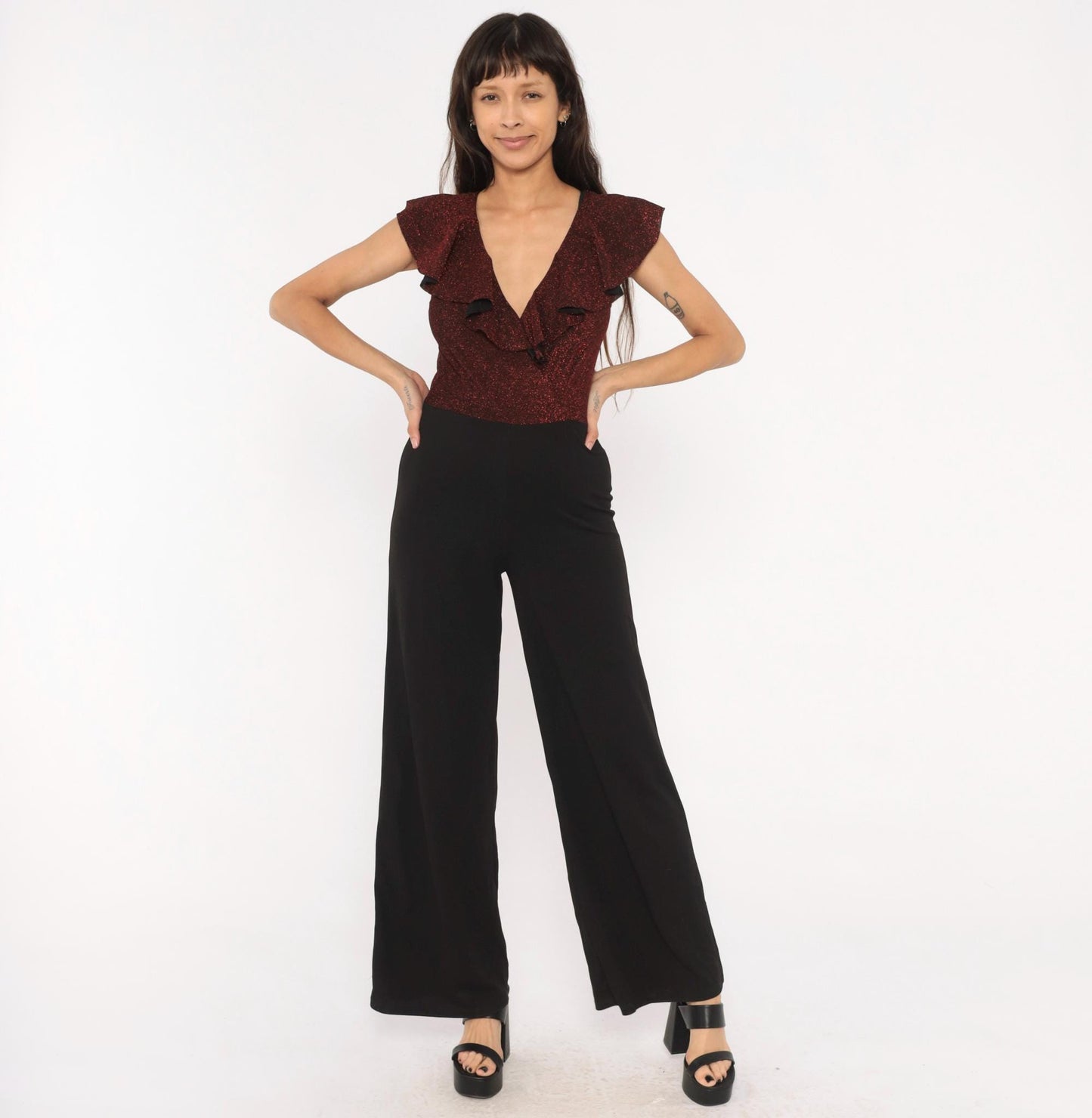 2000s Crece Jumpsuit Black Burgundy Glitter Ruffle Deep V Wide Leg Medium M