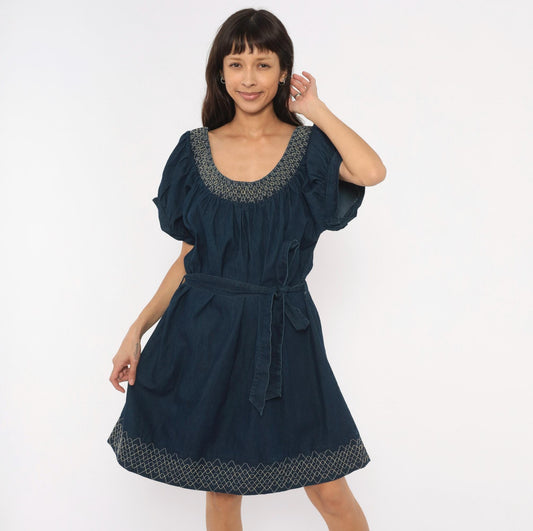 90s Roommates California Navy Denim Mini Dress Puff Sleeve Embroidered Plus Size 3X