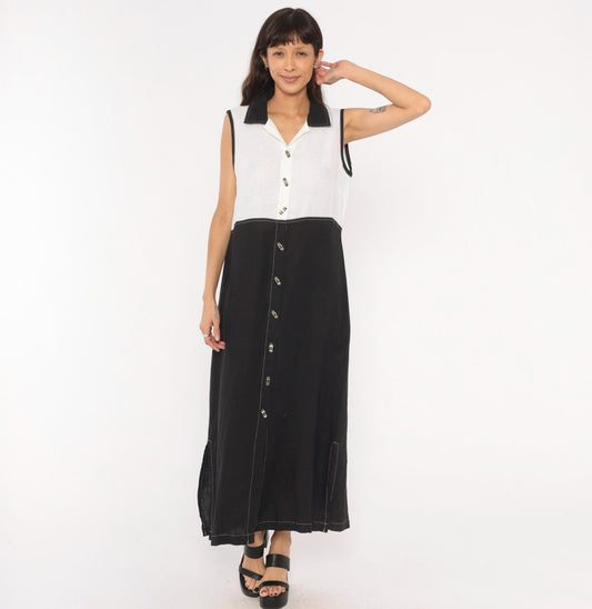 90s Nannette Keller Color Block Maxi Dress Black White Linen Cotton Medium M