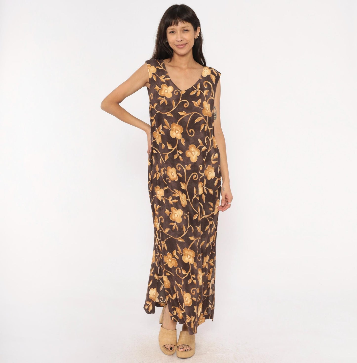 90s AGB Floral Maxi Dress Brown Gold Vine Sleeveless V Neck Plus Size XXL