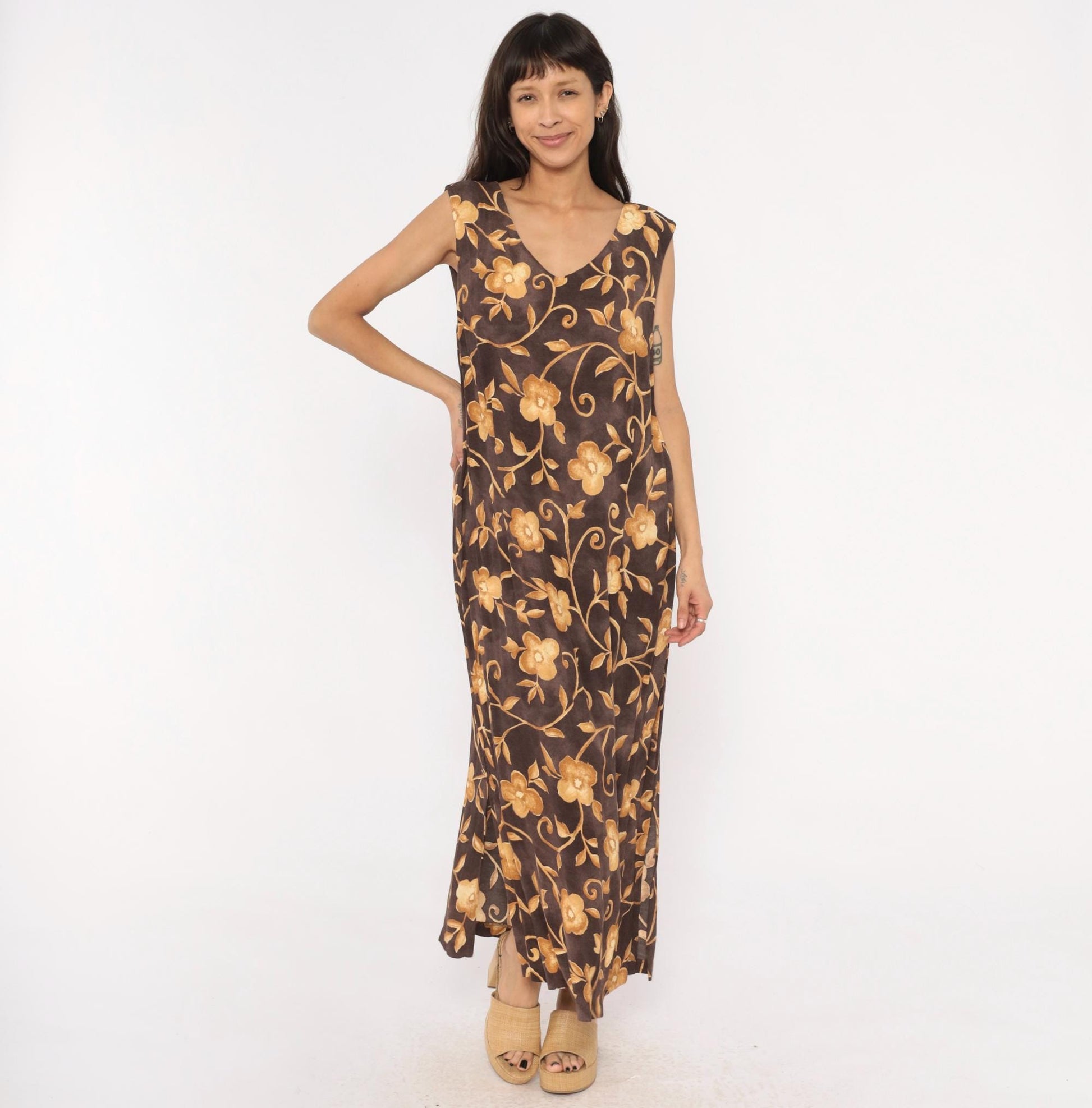 90s AGB Floral Maxi Dress Brown Gold Vine Sleeveless V Neck Plus Size XXL