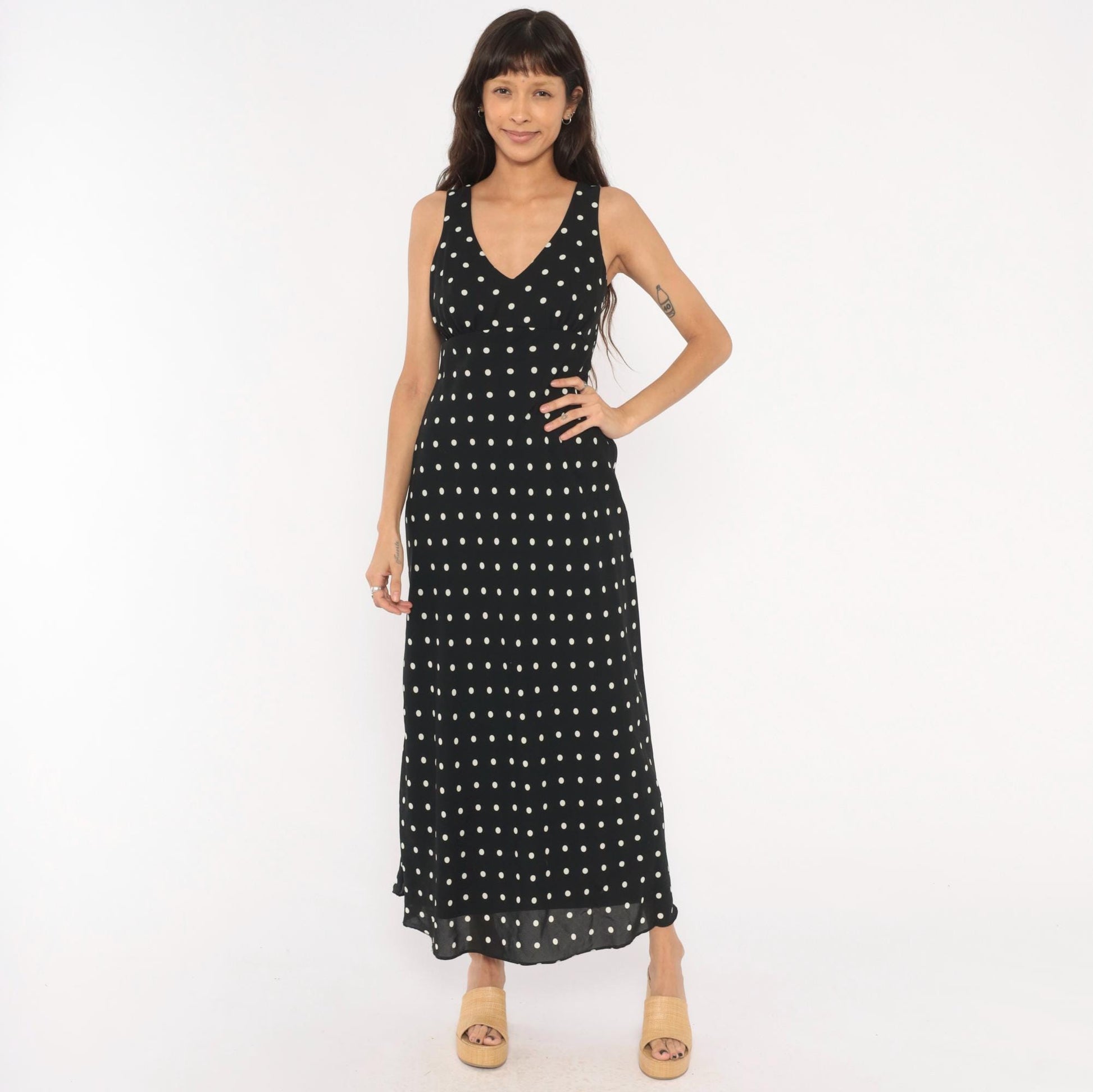 90s Alyn Paige Polka Dot Maxi Dress Black White V Neck Empire Waist Medium M