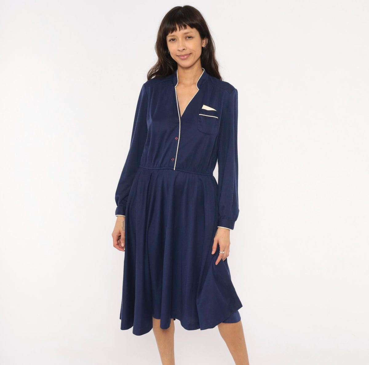 80s Ms. Sugar Navy Cotton Dress V-Neck Button Front Blouson Sleeve Medium Large