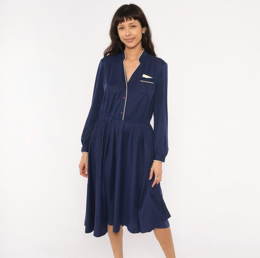 80s Ms. Sugar Navy Cotton Dress V-Neck Button Front Blouson Sleeve Medium Large