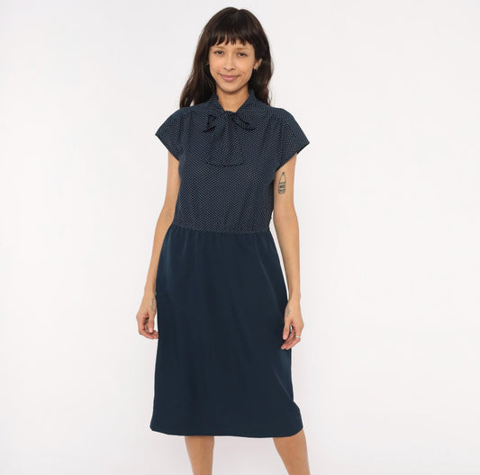 70s Navy White Polka Dot Bow Neck Dress Cap Sleeve Knee-Length Medium