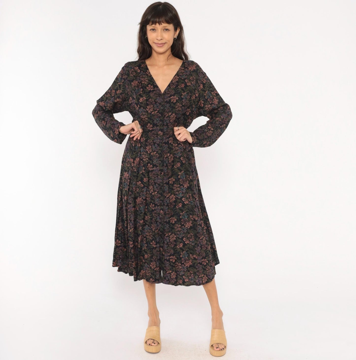 90s Dark Floral Midi Dress V-Neck Button Front Long Sleeve Black Large L