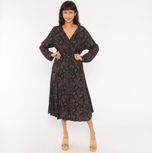 90s Dark Floral Midi Dress V-Neck Button Front Long Sleeve Black Large L