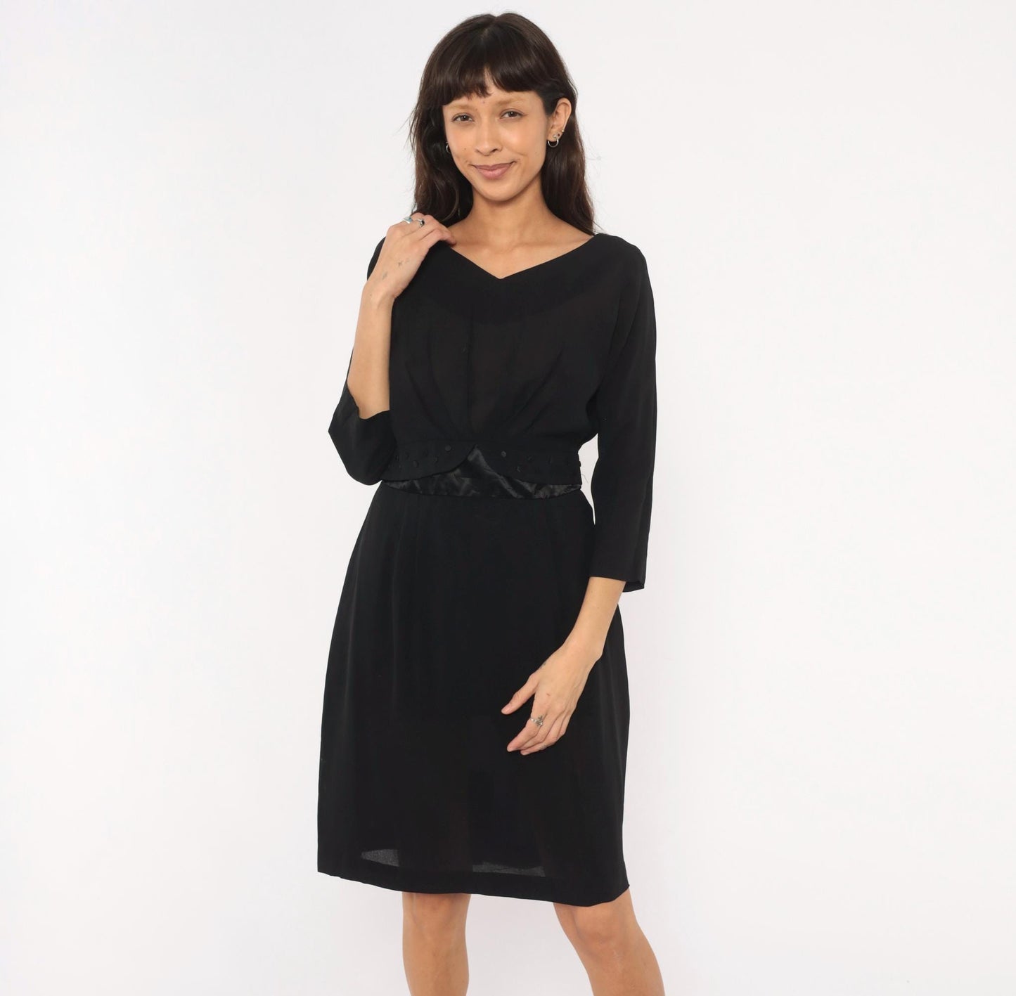 1950s Town Tempo Originals Black Cocktail Dress V-Neck Twist Front Medium M