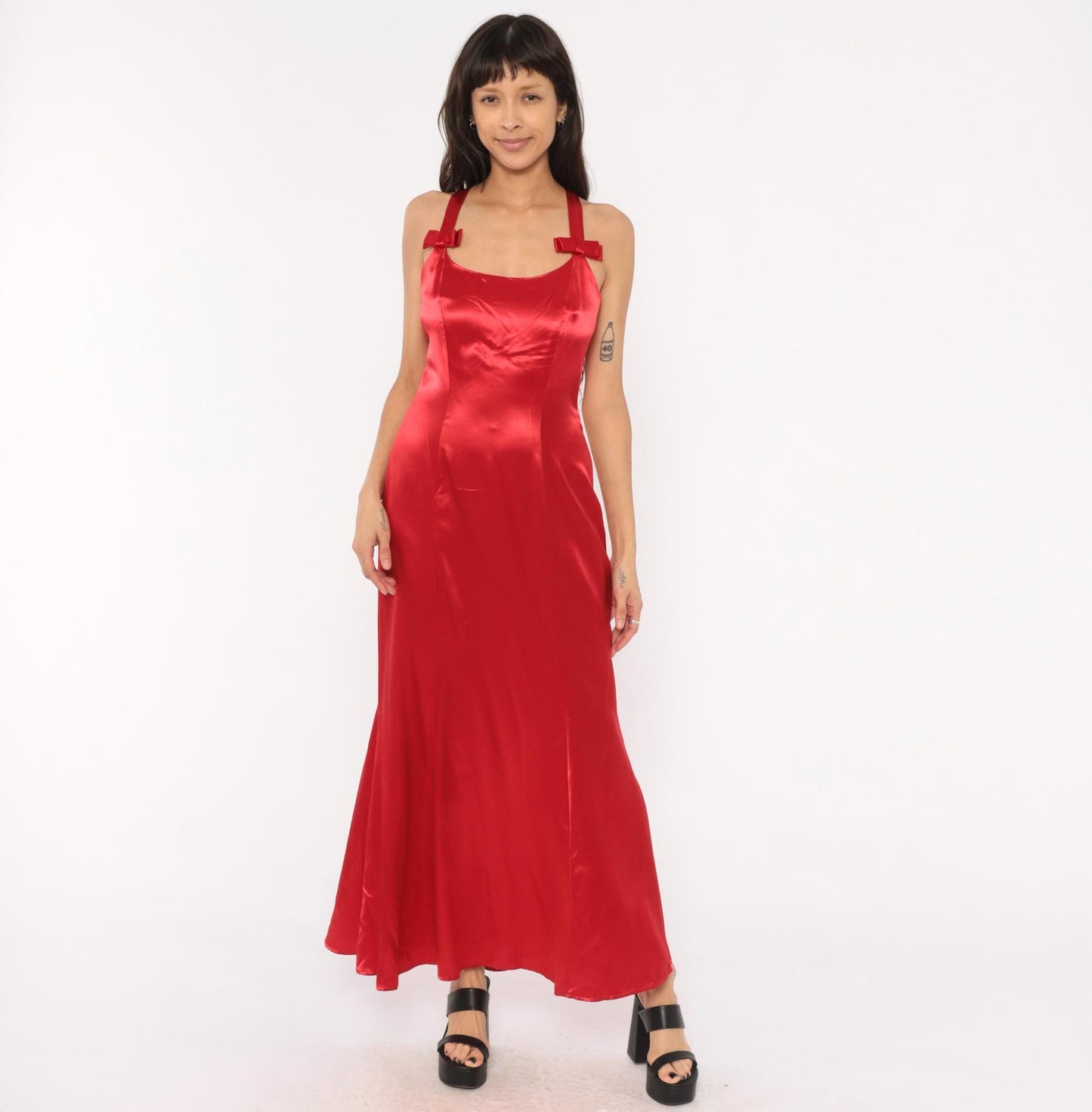 90s Be Smart Red Satin Maxi Slip Dress Bow Strap Crossback Small S