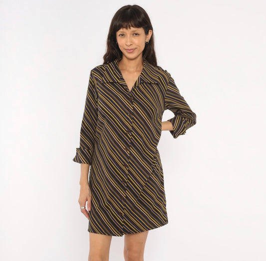 Y2K Selene Sport Striped Shirt Dress Olive Navy Gold Mini Medium M