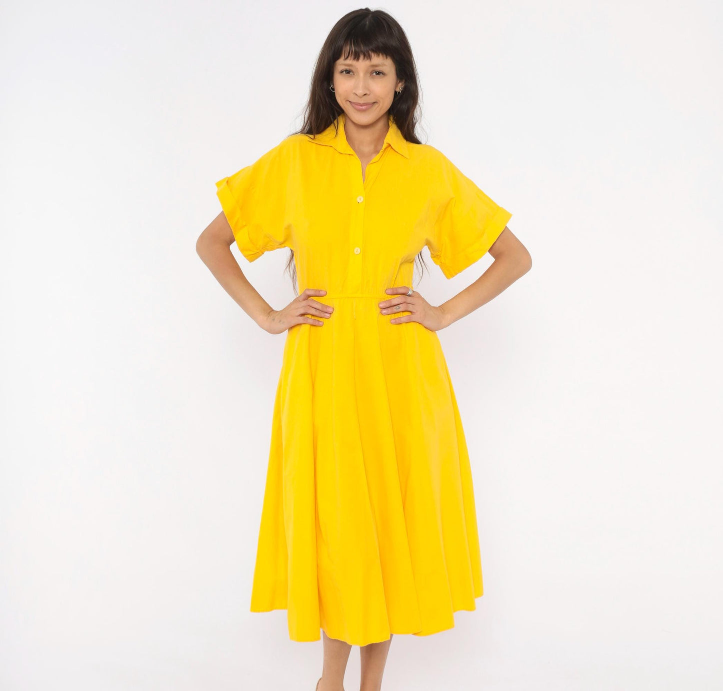 80s Laine Yellow Cotton Shirtdress Midi Collar Pockets Extra Small XS