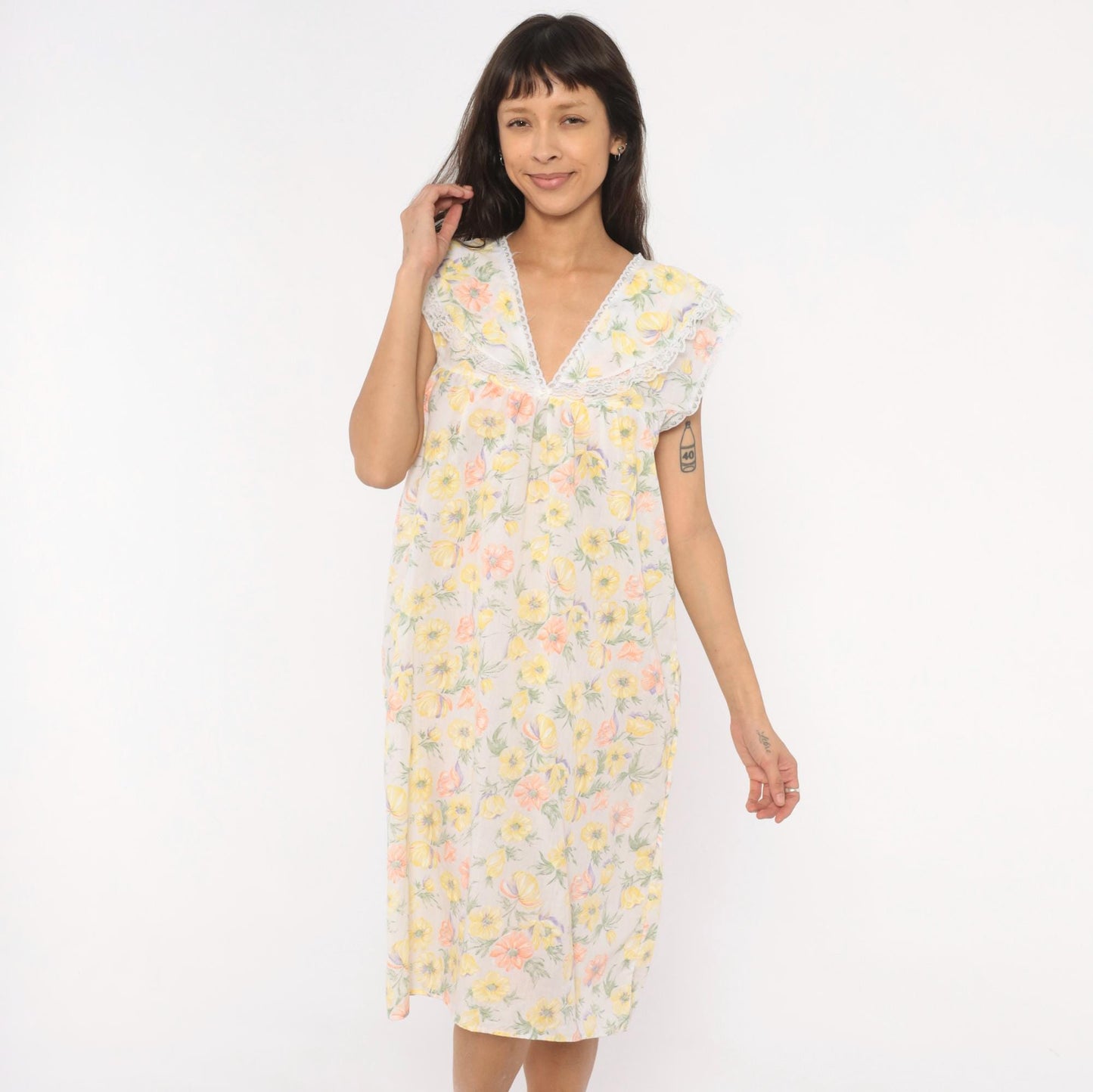 80s Floral Anemone Cotton Nightgown White Lace V-Neck Knee Length Medium M