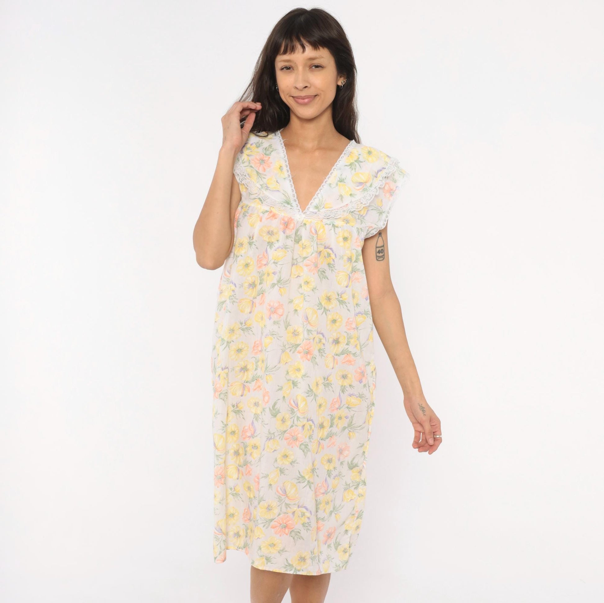 80s Floral Anemone Cotton Nightgown White Lace V-Neck Knee Length Medium M