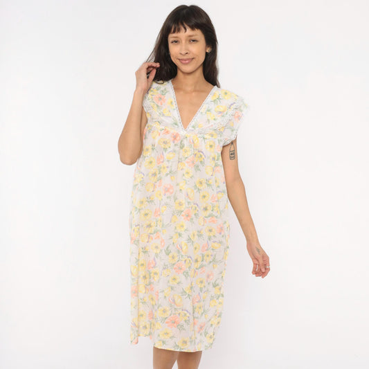 80s Floral Anemone Cotton Nightgown White Lace V-Neck Knee Length Medium M