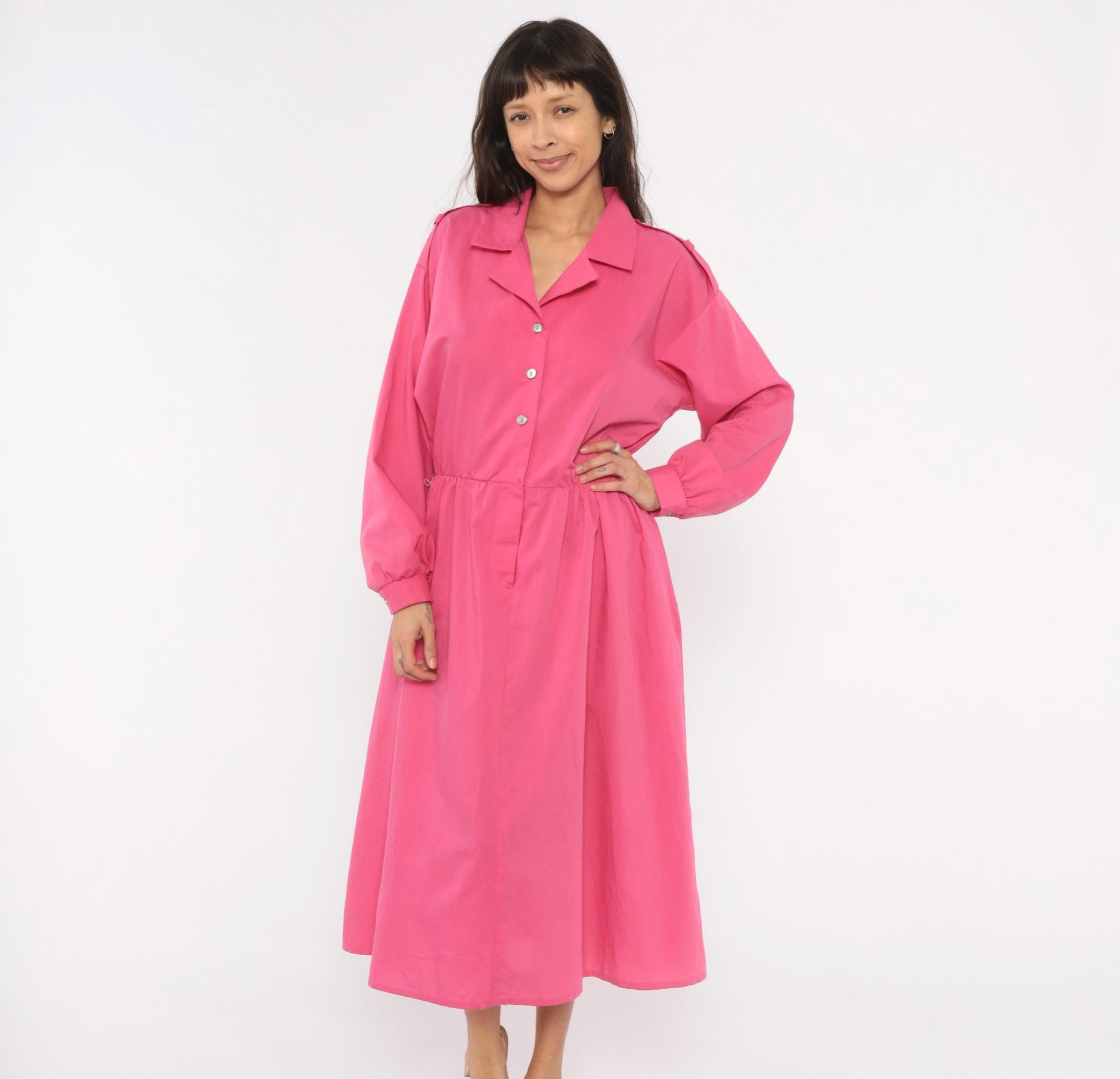 80s Hot Pink Shirtdress Midi Gathered Waist Balloon Sleeve Epaulette Large L