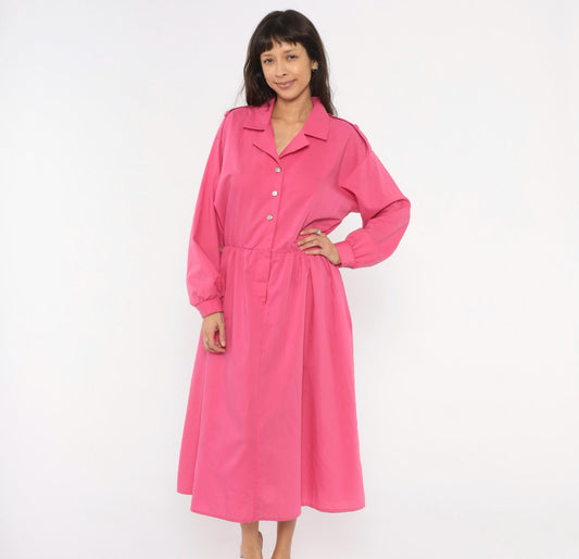 80s Hot Pink Shirtdress Midi Gathered Waist Balloon Sleeve Epaulette Large L