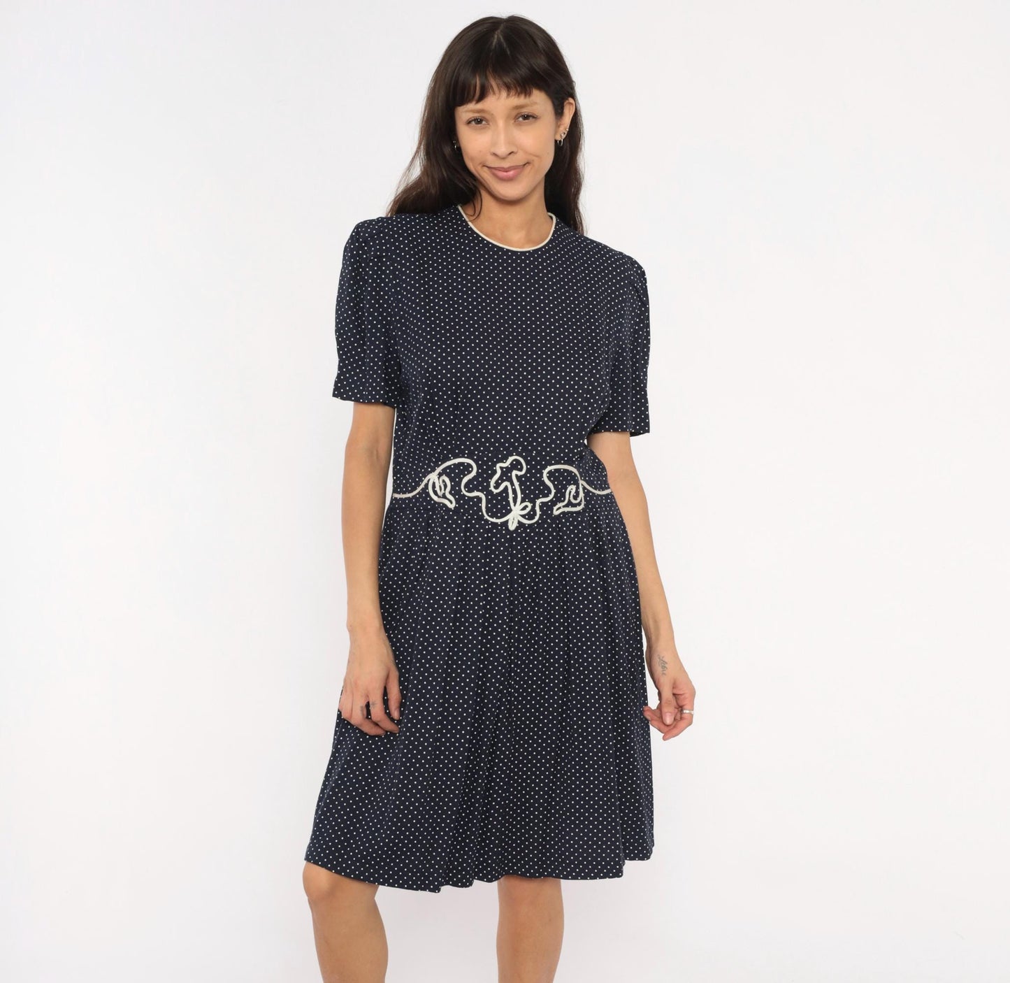80s Miss Dorby Navy Polka Dot Dress Puff Sleeve Soutache Braid Waist Large L