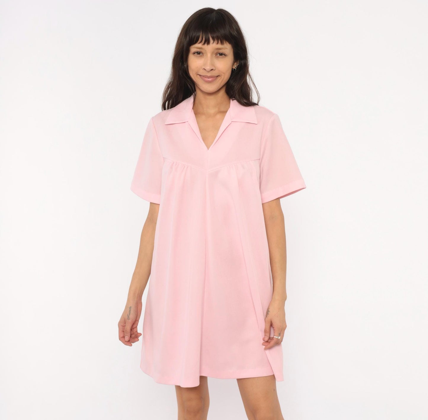 70s Baby Pink Babydoll Dress V Neck Gathered Bust A Line Knee Length Extra Large