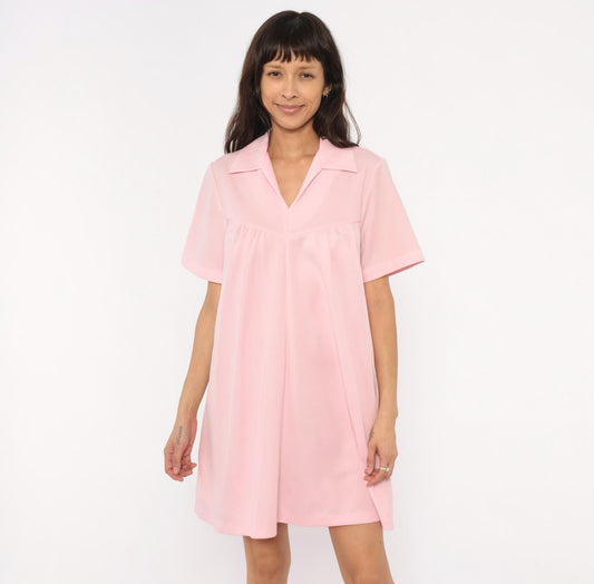 70s Baby Pink Babydoll Dress V Neck Gathered Bust A Line Knee Length Extra Large