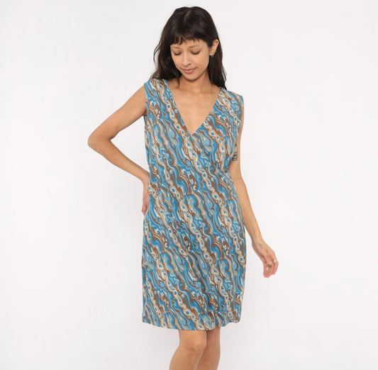 2000s Abstract Swirl Shift Dress V Neck Knee Length Blue Brown Tan Extra Large
