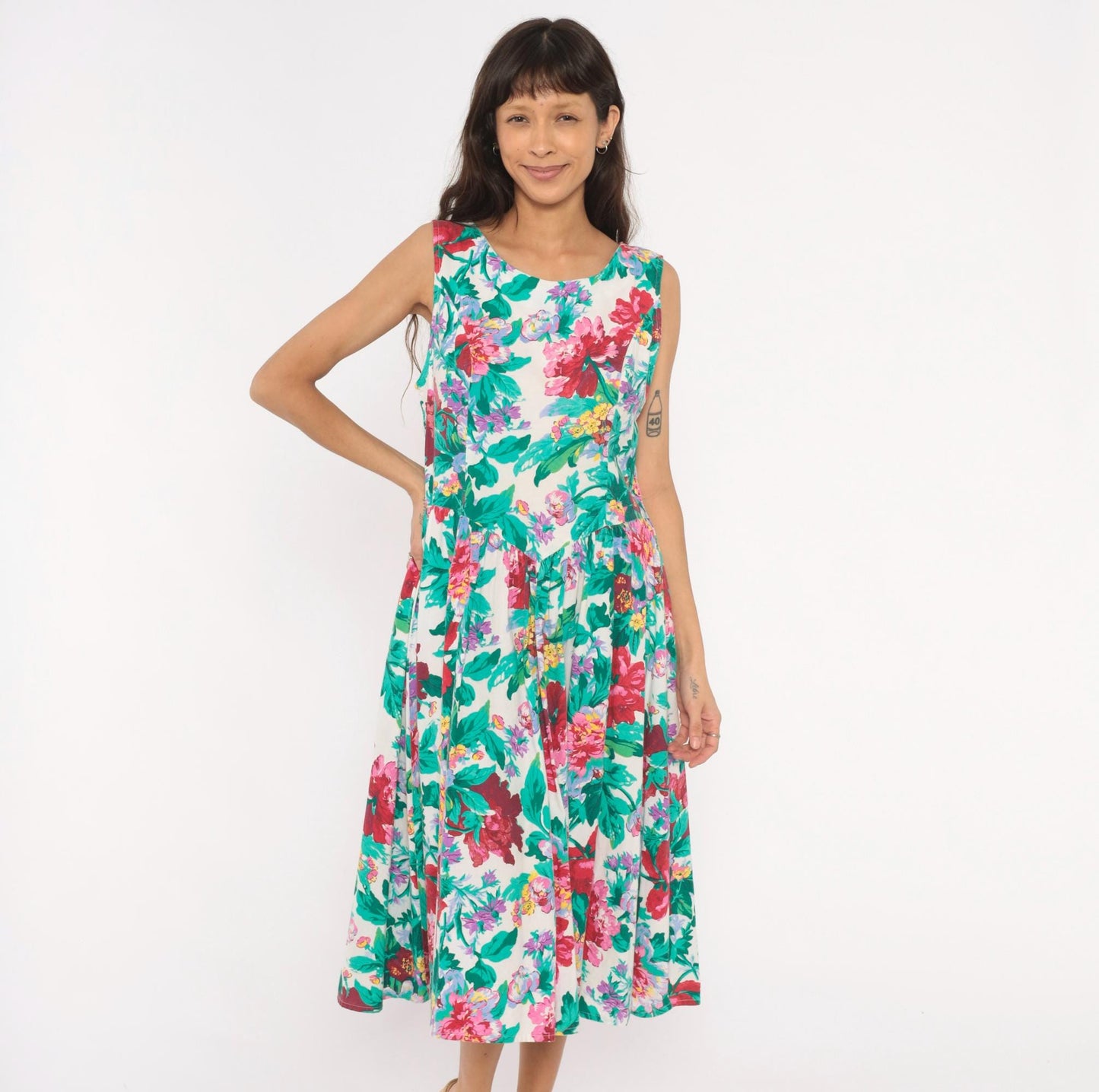 90s Brittany Nicole Floral Midi Sundress Cotton Peony Print Cream Large Petite