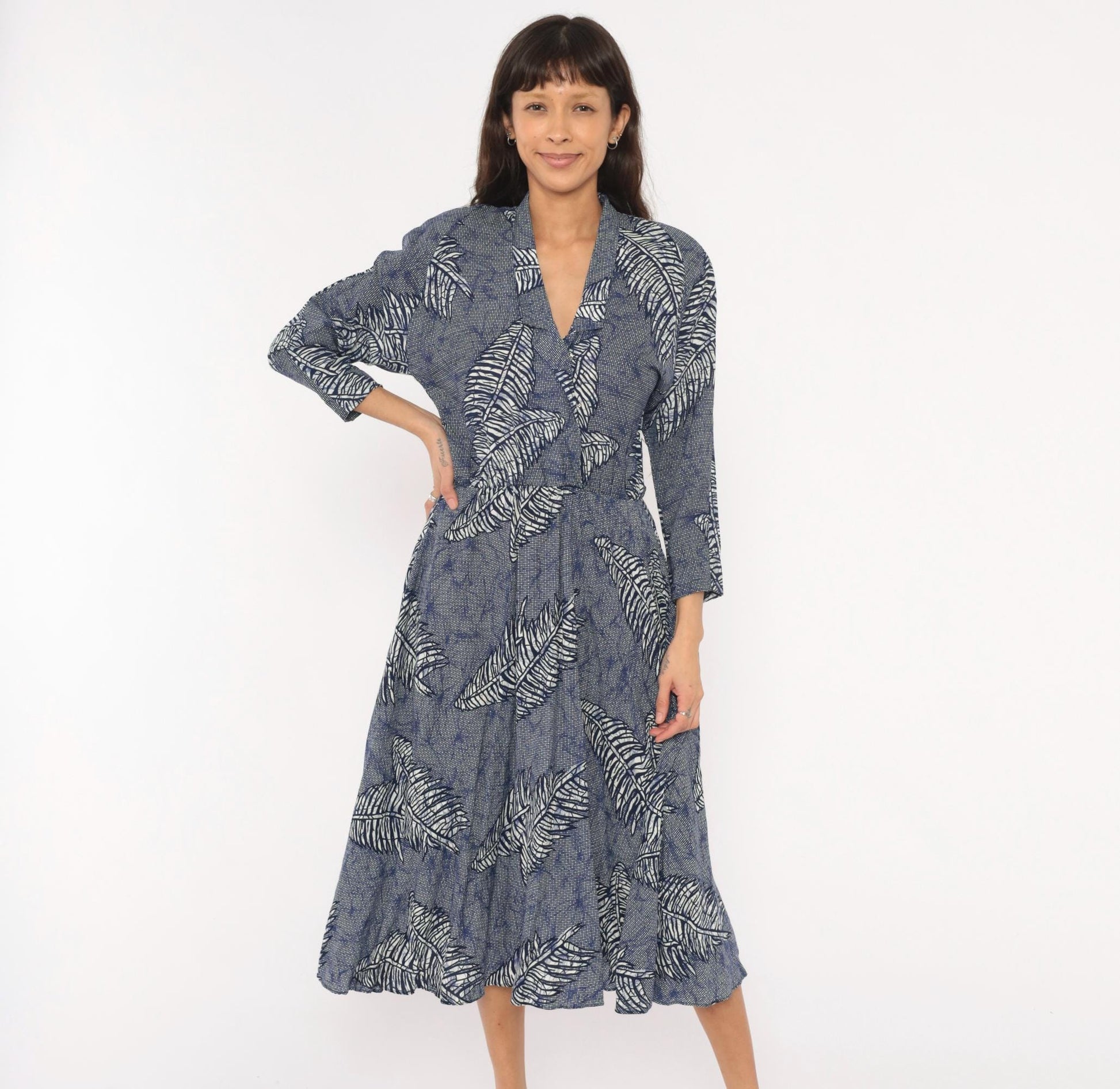 90s Kono Fern Leaf Wrap Dress Cobalt Navy Midi A-Line Small S