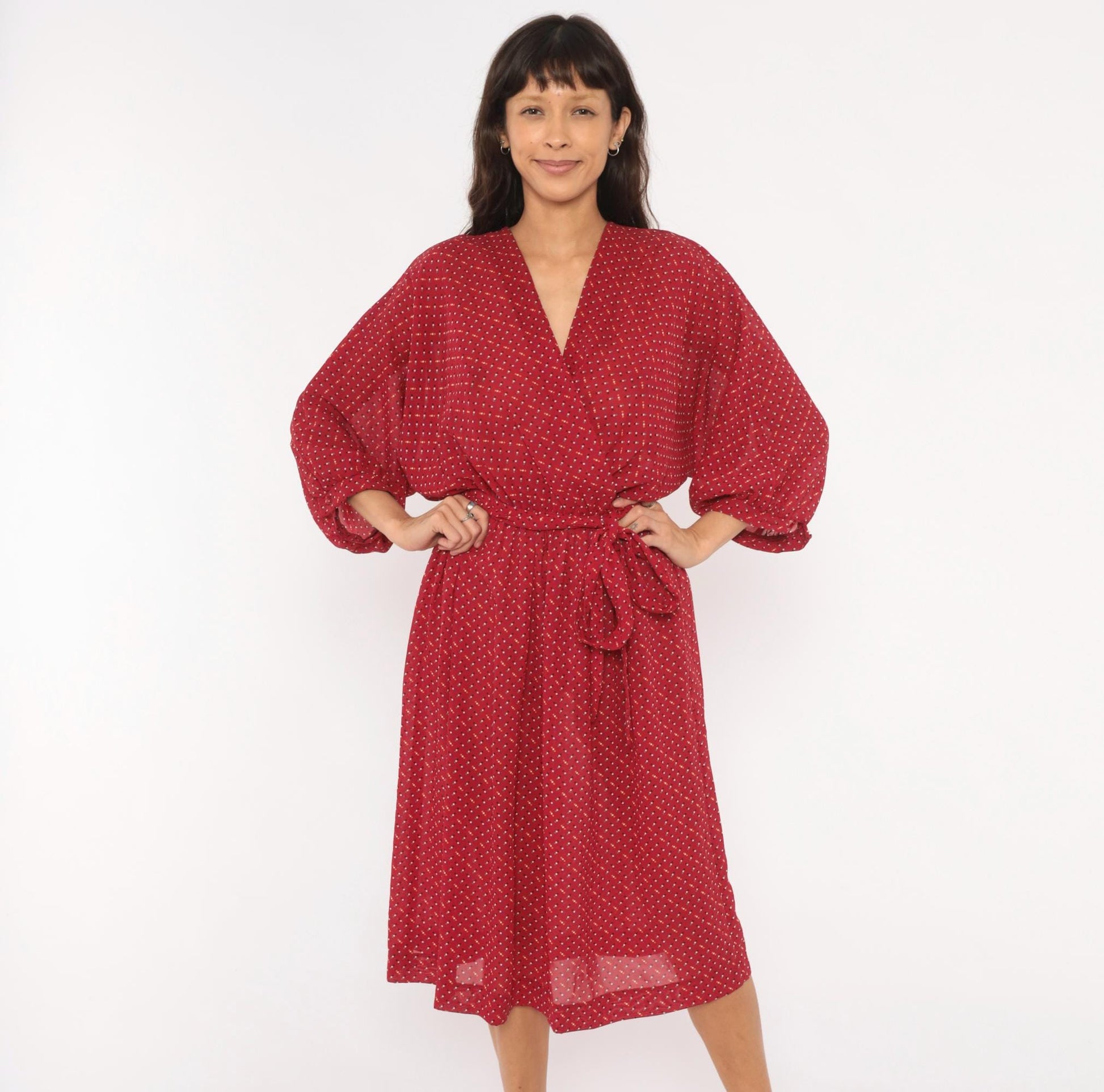 80s Virgo Il Burgundy Wrap Dress Dotted Print Knee-Length V-Neck Extra Large