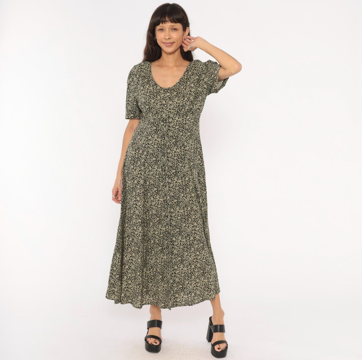 90s All That Jazz Floral Maxi Dress Black Cream Rose Button Front Medium