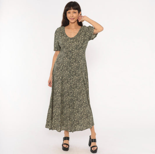90s All That Jazz Floral Maxi Dress Black Cream Rose Button Front Medium