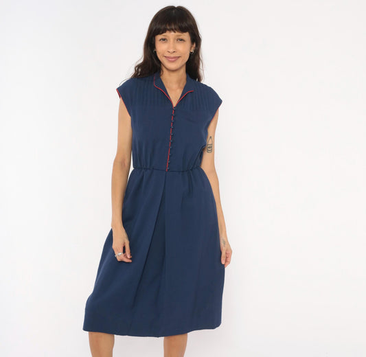 80s Leslie Fay Navy Pintuck Shirtdress Red Piping V-Neck Knee-Length Small Medium