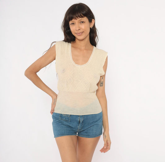 70s Chicas Therm Pointelle Knit Vest Cream Wool Scalloped Trim Extra Large