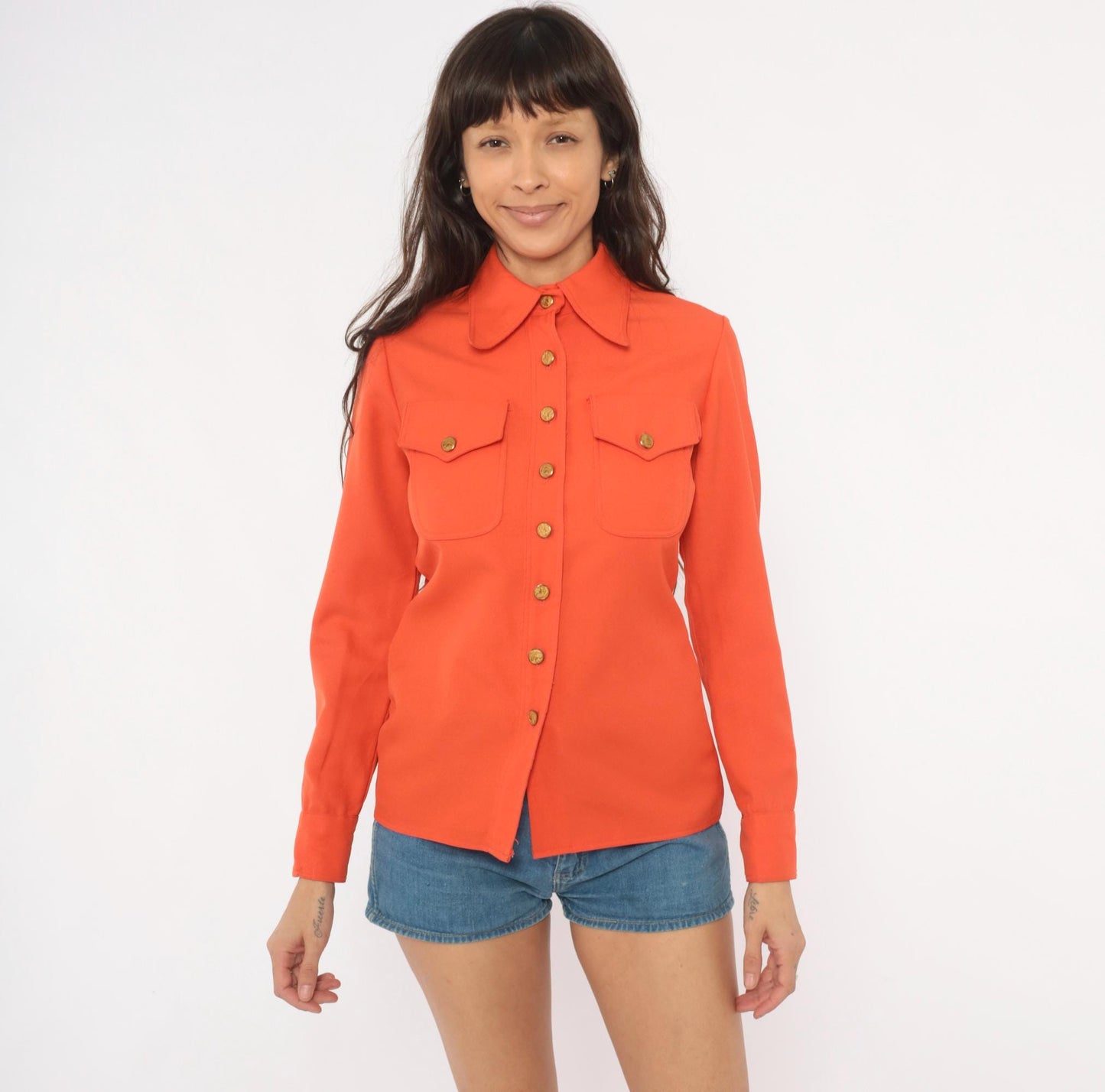70s Ellen Tracy Orange Button-Up Blouse Gold Accents Western Yoke Small S