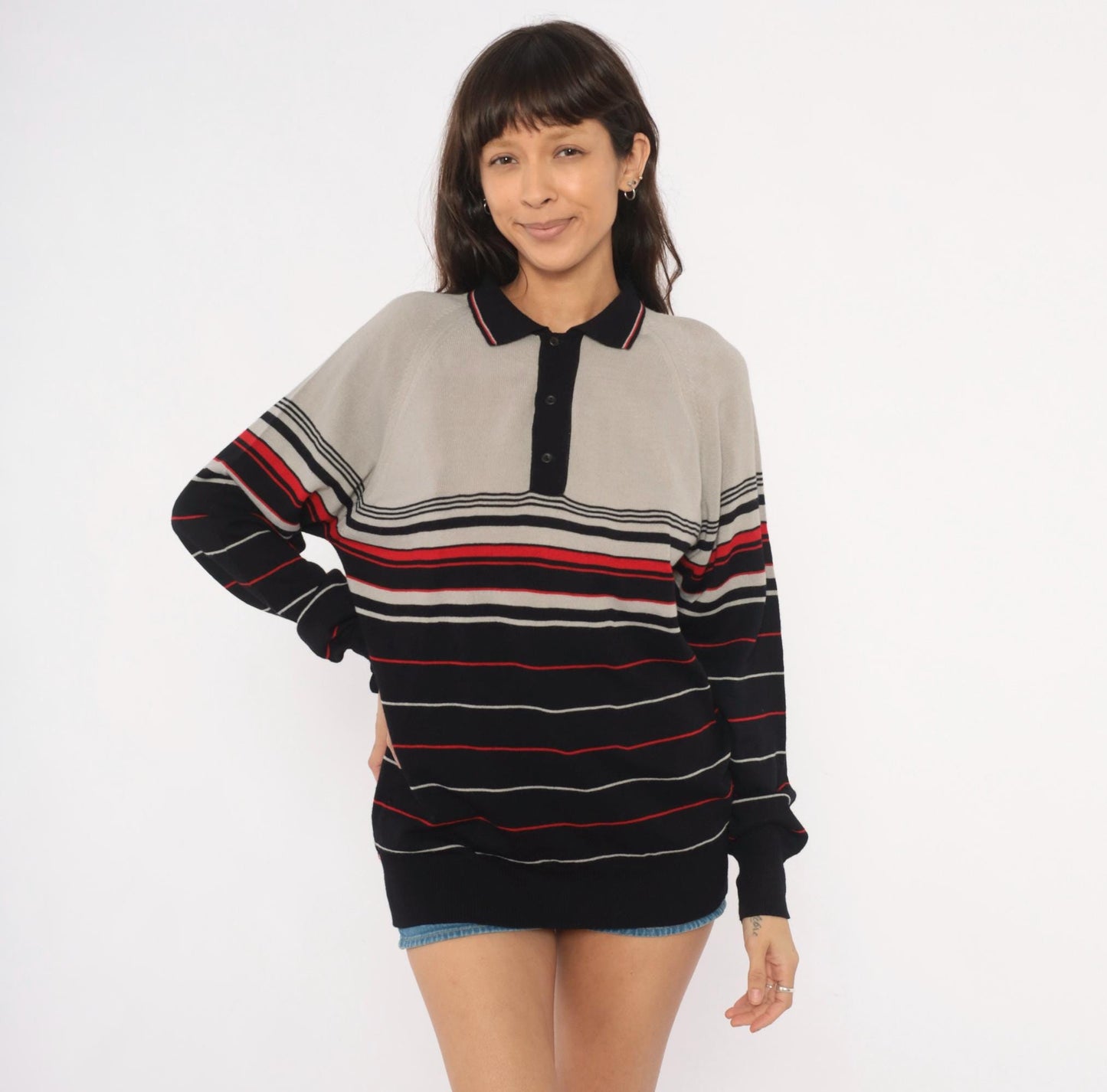 80s Colin Lt Marx Striped Polo Sweater Black Grey Red Raglan Knit Large